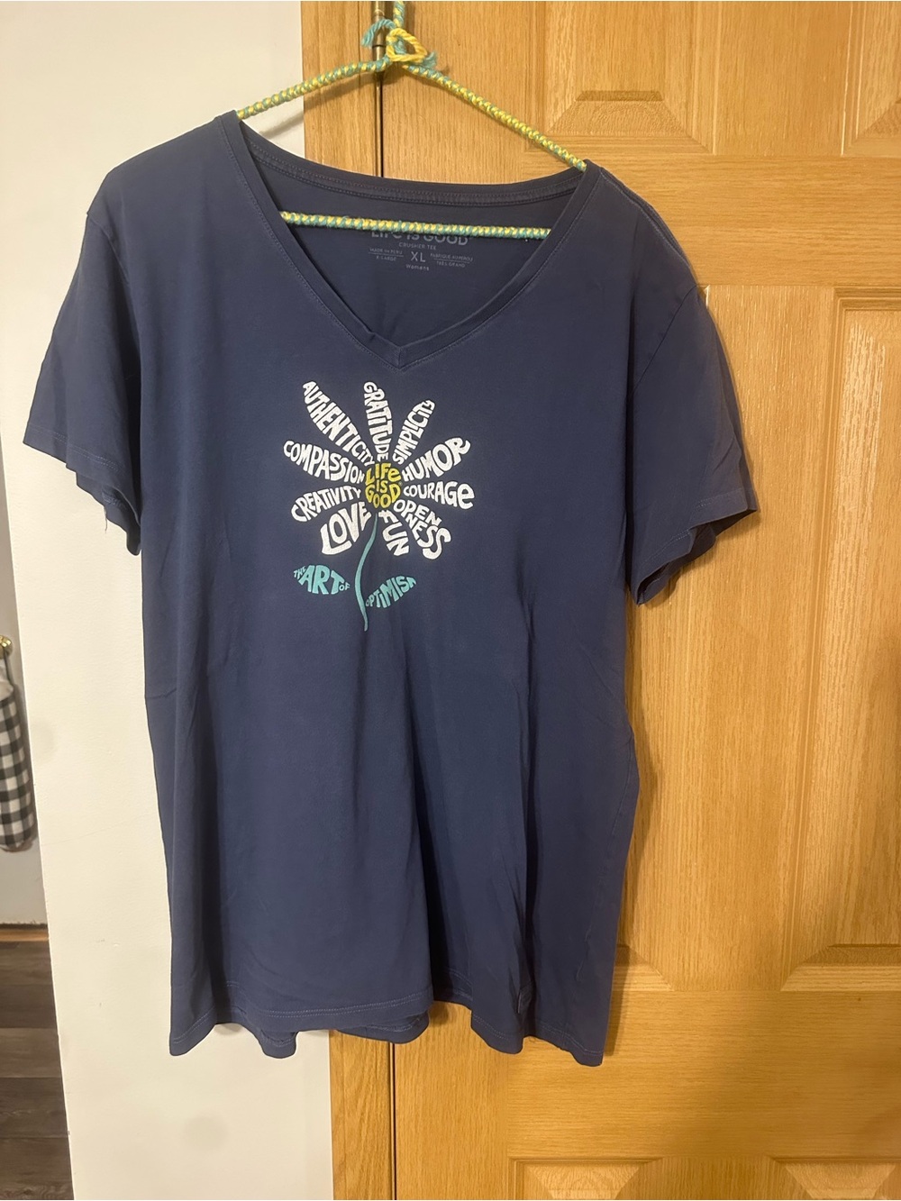 Life Is Good Navy Short Sleeve V-Neck Tee with Center Word-Heart Graphic